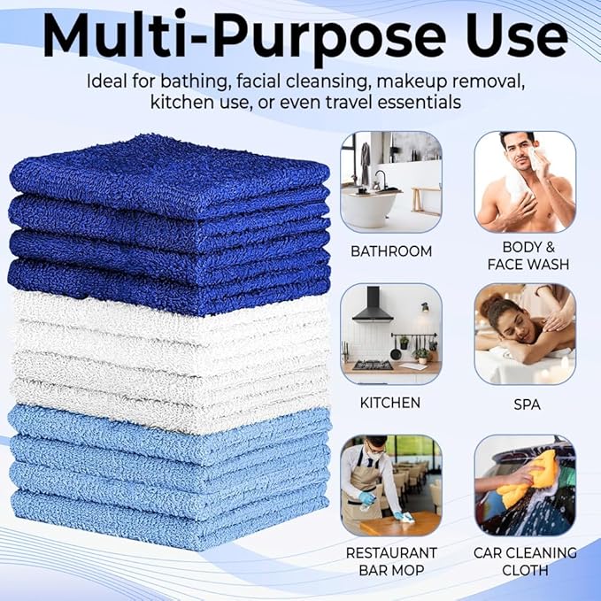 100% Cotton Washcloth Set – Soft, Absorbent Face Towels for Bathroom & Gym Use – Durable & Reusable Wash Cloths - (Blue, White and Navy (12x12), (Pack of 12)