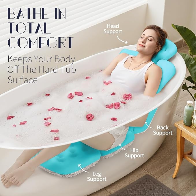 Full Body Bath Pillow for Bathtub, Thick Bathtub Cushion with Laundry Bag, Luxury Tub Pillow for Bath for Headrest Neck and Back Support Ocean Blue 56" x 16"