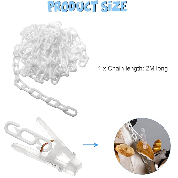 2 Pcs Stuffed Animals Storage Chain Hanging Stuffed Animal Organizer with 40 Plastic Clips 79'' Plush Toys Display Holder with Hooks for Wall Decor Bedroom Play Room Storage Hats Socks Cards