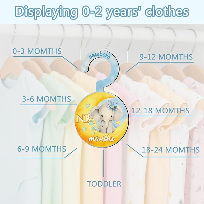 Baby Clothes Dividers for Closet - Set of 8 Wooden Baby Size Closet Dividers Newborn to 24 Months, Newborn Organizer for Boys & Girls - Adorable Moon Elephant Baby Nursery Decor Kit New Parents Gifts