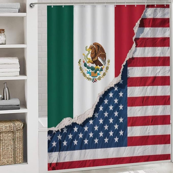 4 Pack Mexico Mexican USA America Flag Art Toilet Carpet Rugs + Contour Mat & Lid Cover Rubber Backing + Quick Dry Drape Liner Curtains for Dorm Room, Tub and Shower
