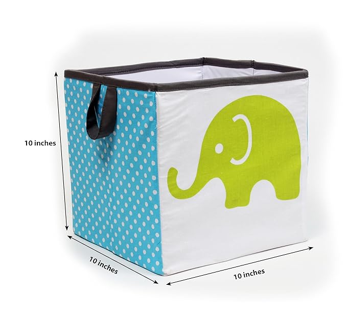 Bacati - Small Storage Tote Elephants Aqua/Lime/Grey 10 X 10 X 10 inches