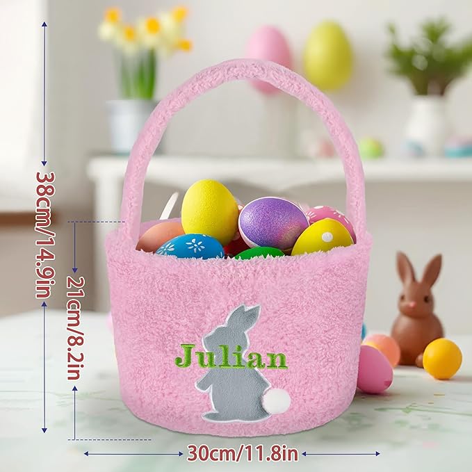 Easter Basket for Kids, VAPCUFF Easter Bunny Basket, Personalized Easter Baskets, Easter Basket with Name - - Pink Basket Grey Bunny