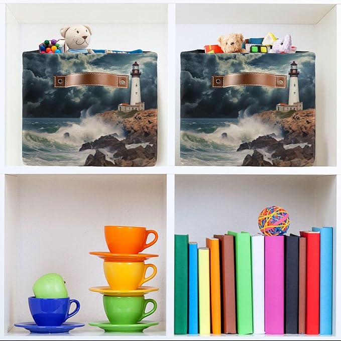 YETTASBIN Lighthouse Storage Basket 1pc, Large Collapsible Toys Clothes Organizer, Durable Canvas Storage Bin with Handle for Shelves Closet Laundry Home Office Decor