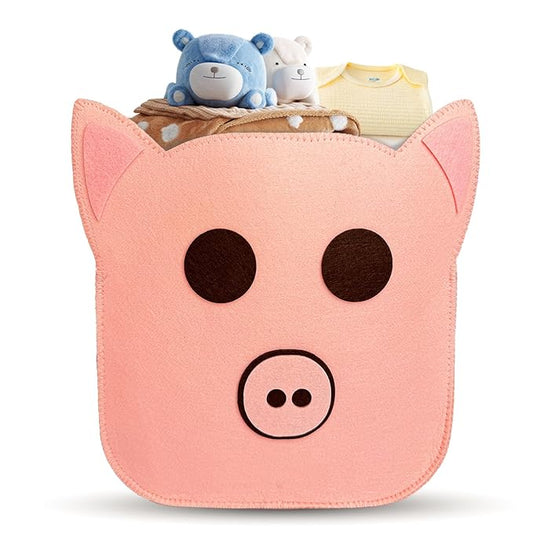 Felt Baby Basket,Pig Shaped Baby Gift Basket Nursery Organizer for Storage Infant Newborn Essentials,Foldable Bathroom and Bedroom Stuff Diaper Toys Vintage Decor with Cute Pig Design