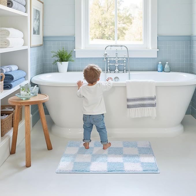 GRANNY SAYS Checkered Blue Bathroom Rugs, 24" x 16", Non-Slip Bath Mats for Bathroom, Plush Shag Absorbent Microfiber Ultra Soft Bath Mat, Cute Washable Rug for Tub, Shower, Bedroom