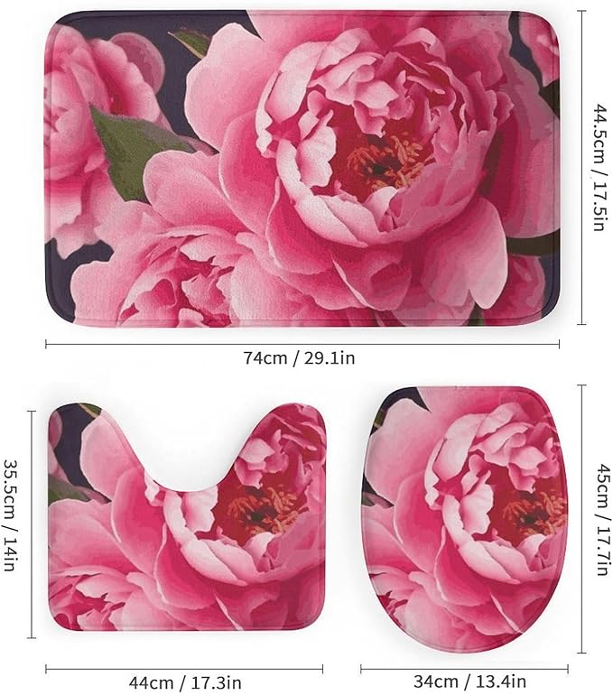 4 Piece Bathroom Rug Set with Shower Curtain, Non-Slip Bath Mat Toilet Cover Set, Peony Flowers Bathroom Rug Sets