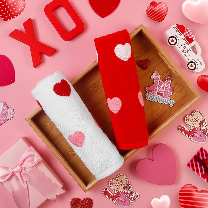 2 Pack Valentine's Day Hand Towels Red White Pink Heart 3D Embroidered Farmhouse Bathroom Decorative Towels Set for Drying, Cleaning, Cooking, Holiday 13.7'' x 29.5''