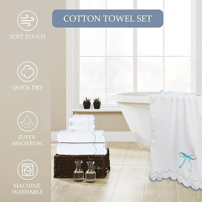 4 Set Cute Blue Coquette Bow Bath Towels Set 2 Bath Towels 2 Hand Towels Soft Embroidered Preppy Decorative Scalloped Towels for Bathroom (Blue)