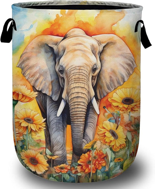 Watercolor Elephant Sunflower Laundry Basket, Foldable Wild Animals Laundry Hamper Tote Bag Dirty Clothes Storage Bucket Toy Organizer for Bathroom/Laundry/Bedroom 15.7"x19.6"