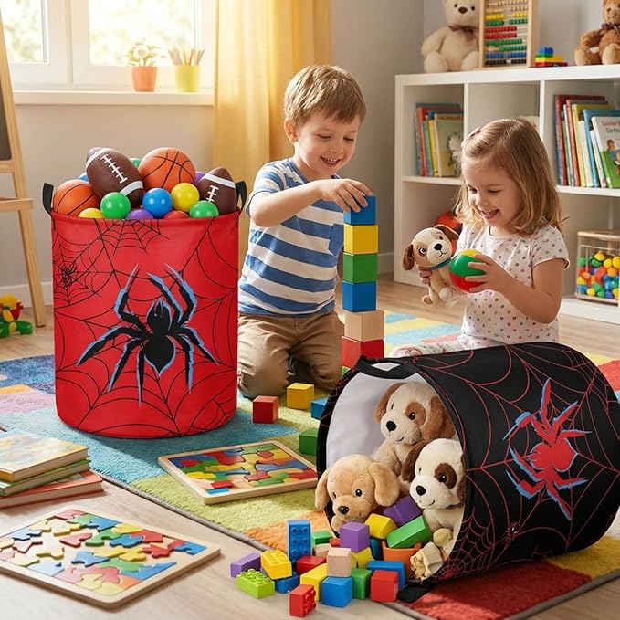 2 Pcs Spider Laundry Hamper Basket Large 17.32 x 13.78 Inch Round Collapsible Spider Toy Storage Organizer Basket Bin with Waterproof Layer for Closet Bedroom Playroom Nursery Toy Dirty Cloth