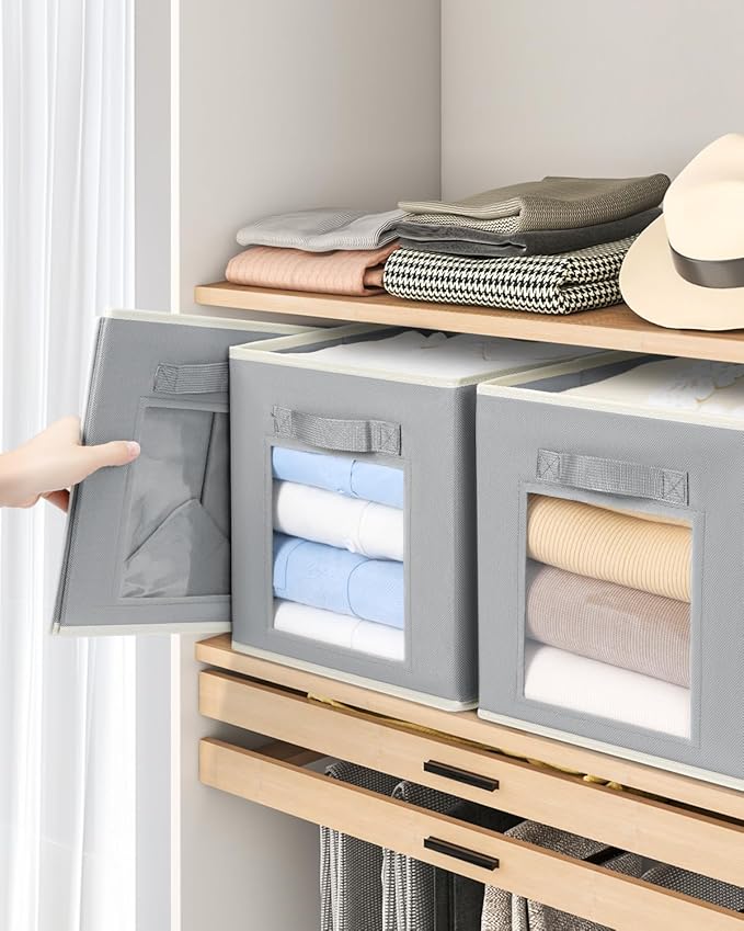 Storage Cube 11 Inch - Cube Storage Bins with Window, Closet Storage Baskets with Handle, Fabric Bins for Closet, Shelves, Toys, Clothes, Set of 6, Grey