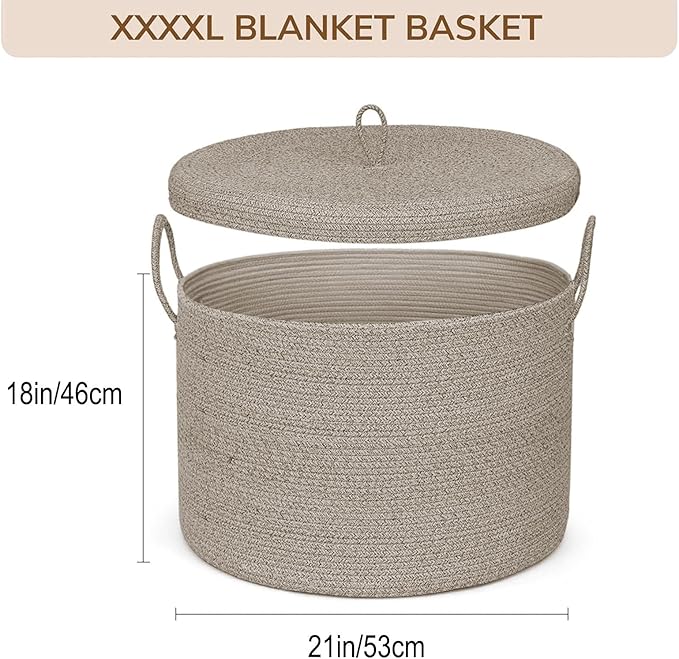 21" x 18" Extra Large storage baskets,Decorative blanket basket with lid for Living room,rope baskets with lid,wicker hamper for bedroom,Big,Round,Brow