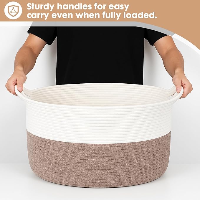 ShellKingdom Laundry Basket, Large Natural Rope Woven Storage Basket with Handles for Home, Living Room, Laundry, Storage Organizer for Blankets, Clothes, Plant, Toys, 13.78 x 21.65 INCH (White Brown)