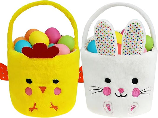 DearSun 2 Pcs Easter Basket Bunny & Chick Plush Baskets, Easter Egg Hunting Basket for Kids Gifts Party Decoration Supplies, Dia 8" * H 15.7"