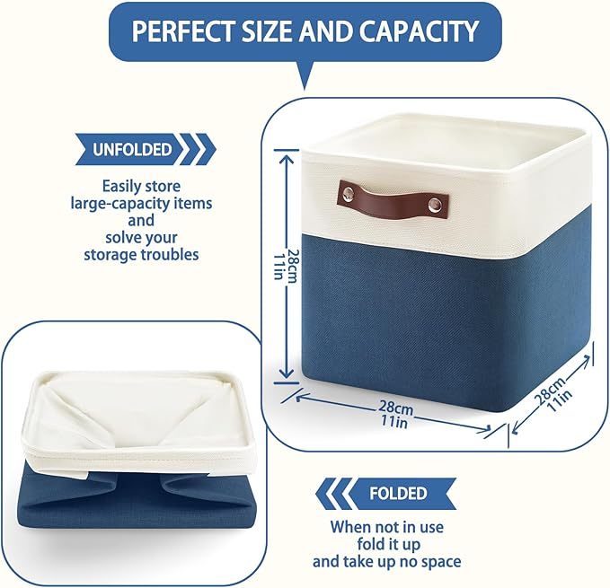 4-Pack Foldable Fabric Storage Cubes 11x11 Inch, Sturdy Cube Organizer Bins with Leather Handles, Storage Baskets for Closet Shelves and Home Organization(White/Blue)