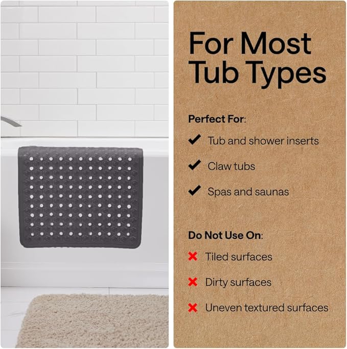 GORILLA GRIP Patented Bath Tub Shower Mat, Machine Washable Bathtub Floor Liner Mats, Suction Cups and Drain Holes to Keep Tubs Clean, Soft on Feet, Bathroom Essentials, 35x16 Inch, Charcoal Opaque
