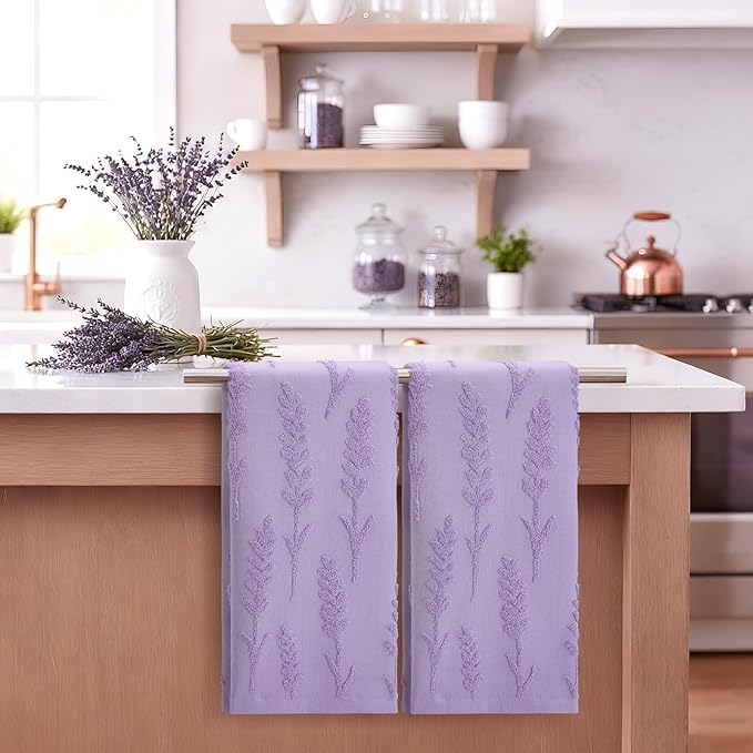 2 Pcs Lavender Hand Towels for Bathroom Purple Lavender 100% Cotton Jacquard Weave Bath Towel Set Soft Absorbent Dish Washcloth for Summer Women Bathroom Kitchen Gifts 13.8 x 29.5 Inch