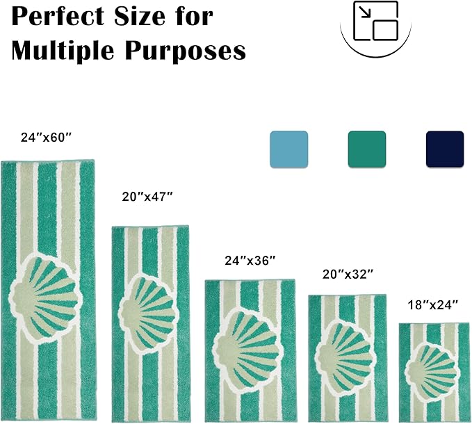 Green Beach Bathroom Rugs Non Slip Washable Cute Coastal Bath Mats Rugs for Bathroom Floor Nautical Fluffy Plush Soft Absorbent Farmhouse Carpet for Shower, Tub, 20x47 inch