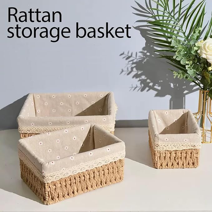 Wicker Baskets with Liner for Counter, Natural Paper Rope Rattan Storage Basket,Hand Woven Pantry Table Organizer Bins for Bedroom Living Room School Shelves Office Desk (3 Pack Beige)