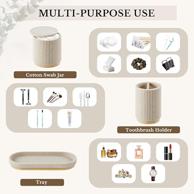 7PCS Bathroom Accessories Set, with Soap Dispenser, Q-tip Holder, Toothbrush Holder, Tumbler, Soap Dish, Vanity Tray, Bathroom Set Complete Organizer Countertop for Modern Decor, Beige