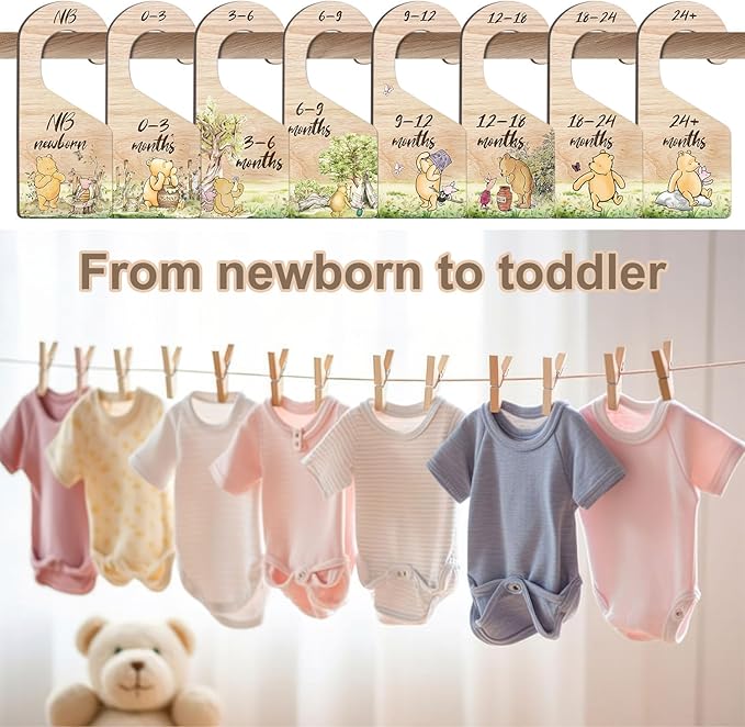 8PCS Classic Winnie Baby Closet Dividers for Newborn, the Pooh Baby Nursery Decor Wooden Hanger, Winnie Clothes Dividers for Closet, Double-Sided Printing