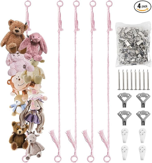 Munzong Stuffed Animal Storage Chain 80 Inch, 4pcs Pink Hanging Stuff Animals organizer, Cotton Toy Display Chain with 80 Clips, Toys Organizers Holder for Room Wall Corner Decor