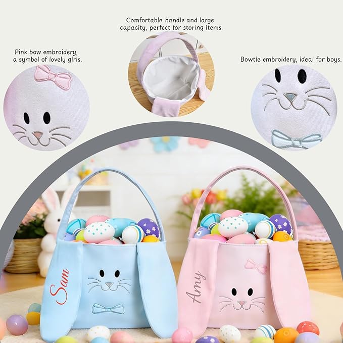 Hwingo Personalized Bunny Treat Basket with Embroidered Name, Custom Easter Baskets Egg Fillers, Personalized Easter Bags Candy Festival Gifts Storage (Blue)