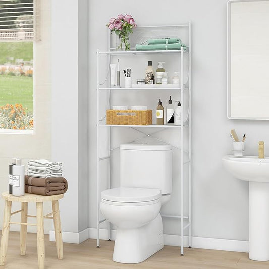 MallBoo Over The Toilet Storage Rack, 3-Tier Metal Bathroom Organizer Shelf with Hooks & Paper Holder, Freestanding Above Toilet Storage for Small Spaces, Apartments, Laundry Room(White)