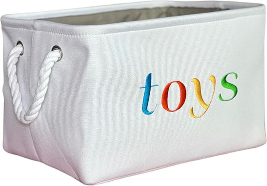 APPLE PIE ORDER Nursery basket, Storage & organizer Bin for Baby, Diapers, Wipes, Books, Toys. White Canvas fabric Decorative Box with Embroidering. (Toys - colorful, Medium)
