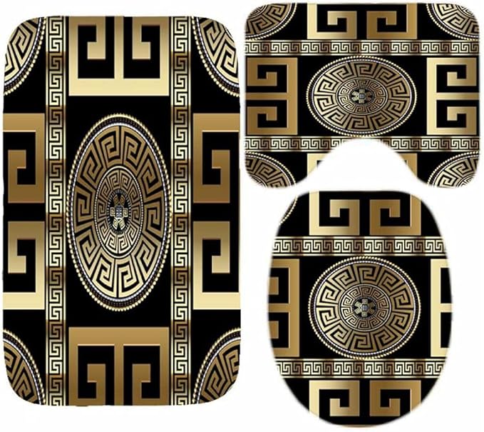 3 Piece Bath Mats Geometric Black Gold Greek Key Meander Waterproof Non Slip Bath Mat Set, Washable Rug for Bathroom 3-Piece Set