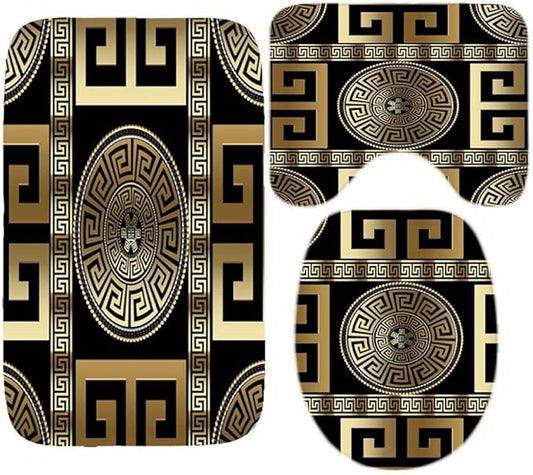 3 Piece Bath Mats Geometric Black Gold Greek Key Meander Waterproof Non Slip Bath Mat Set, Washable Rug for Bathroom 3-Piece Set