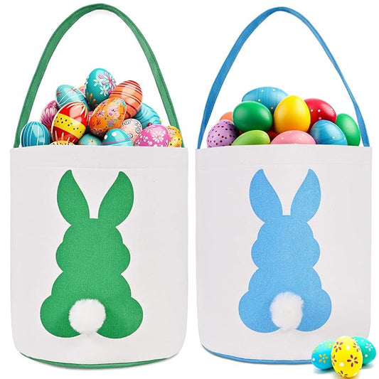 2 Pack Easter Bunny Baskets for Kids - Easter Basket Bags with Handles, Canvas Rabbit Tote Bags for Easter Egg Hunts, Party Gifts, and Storage (Empty) (Green+Blue)