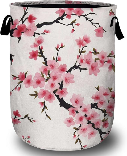 Japanese Cherry Blossom Tree Laundry Basket, Laundry Hamper Collapsible Oxford Cloth with Handle Clothes Toy Storage Bin for Bathroom Laundry Room Bedroom 15.7 X 20 Inch