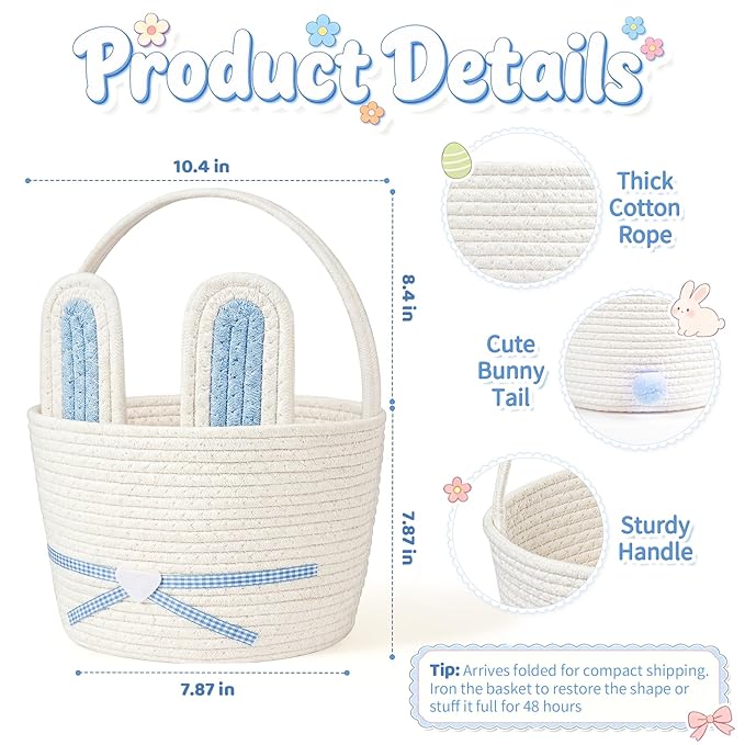 Easter Basket, Easter Bunny Basket with Removable Ears Woven Easter Egg Hunt Basket First Easter Gift Baskets Empty Easter Baskets Essentials Easter Bucket for Girls Boys Teens (Blue White)