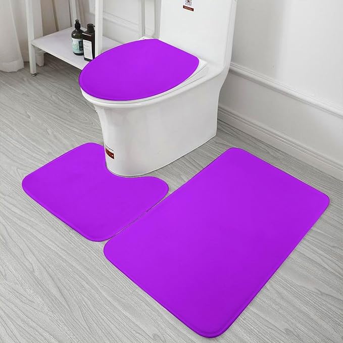 3 Pieces Bath Rug Sets, Neon Purple Elegant Bathroom Mat Set Non Slip U Shaped Contour Rug & Toilet Lid Cover