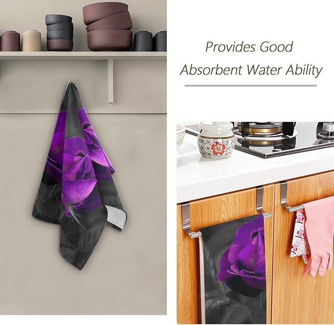 Hand Towels for Bathroom Set of 2 Vintage Elegant Rose Floral Purple Romantic Flowers Black Leaves Soft Absorbent Bath Towels Decorative Kitchen Guest Dish Towel for Gym,Spa,Hotel 28x14in