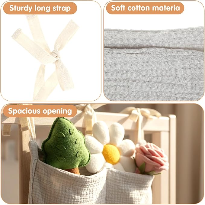 Cotton Baby Hanging Bedside Storage Bag Organizer with 2 Pockets, Baby Crib Accessories for Cribs, Toys, Diapers (Light Gray)