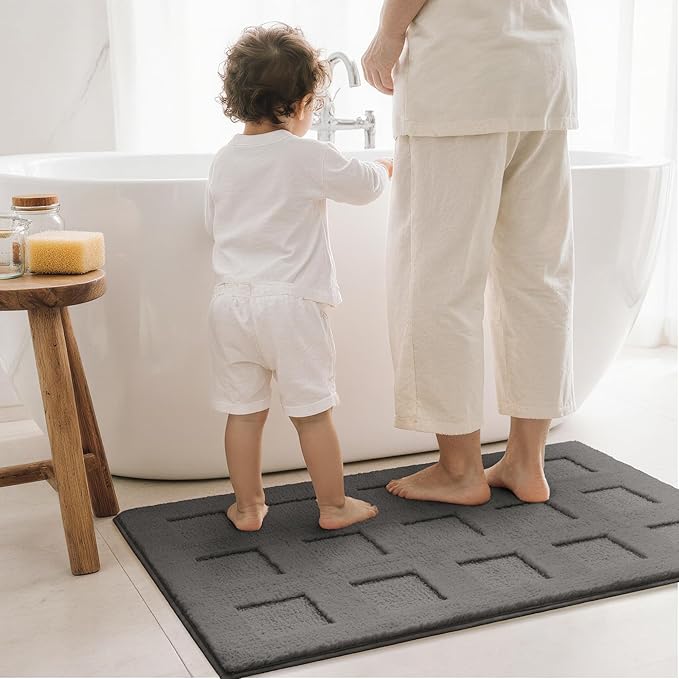 GRANNY SAYS Bathroom Rugs Non Slip Washable, Extra Soft & Water Absorbent Bath Mats for Bathroom, Plush Shaggy Bath Carpet, Deep Grey Waffle Bath Mat Quick Dry for Tub & Shower 24" x 36"