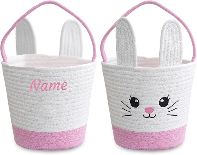 Personalized Easter Basket for Kids with Name - Custom Cute Embroidery Easter Bunny Rope Basket for Boys Girls, Easter Egg Hunt Basket (Pink-White-Bunny)