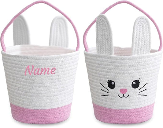 Personalized Easter Basket for Kids with Name - Custom Cute Embroidery Easter Bunny Rope Basket for Boys Girls, Easter Egg Hunt Basket (Pink-White-Bunny)