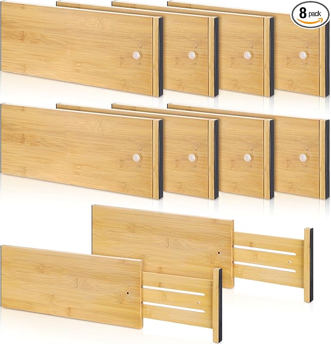 8 Pcs Deep Bamboo Drawer Dividers, Deep Kitchen Dresser Drawer Organizer with Spring Loaded for Clothes, Adjustable Expandable from 15-22 Inch (Wood Color,6 Inch)