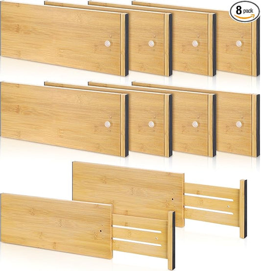 8 Pcs Deep Bamboo Drawer Dividers, Deep Kitchen Dresser Drawer Organizer with Spring Loaded for Clothes, Adjustable Expandable from 15-22 Inch (Wood Color,6 Inch)