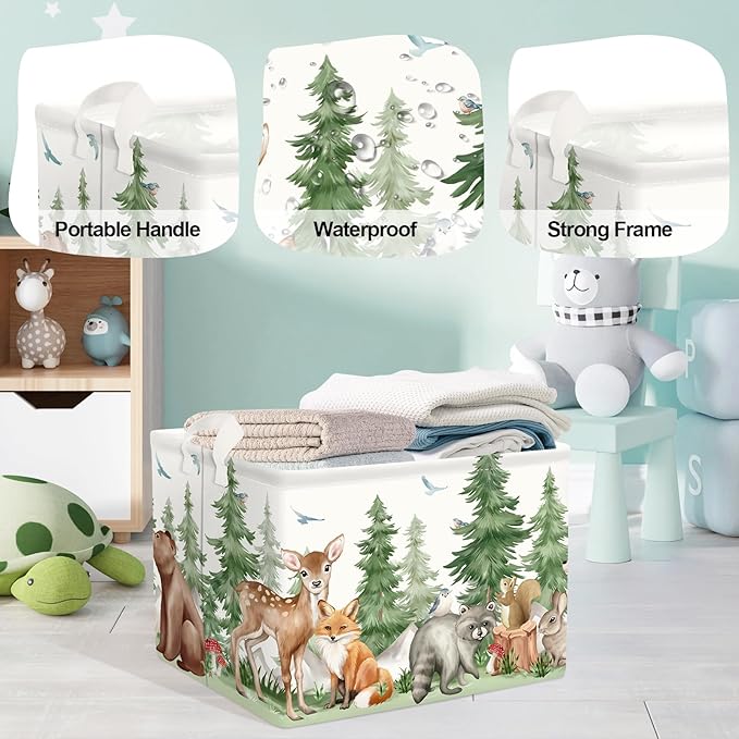 Forest Animals Baby Laundry Hamper Collapsible Clothes Kids Storage Basket Bear Fox Large Boys Girls Gift Toy Box Bin for Nursery, Deer, 36L
