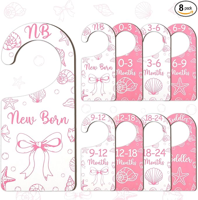 Baby Closet Dividers 8PCS, Pink Shell & Bows Themed Wooden Double-Sided Clothes Size Hanger/Organizer from Newborn to Toddler for Nursery Decor Baby Shower Birthday Party Gift