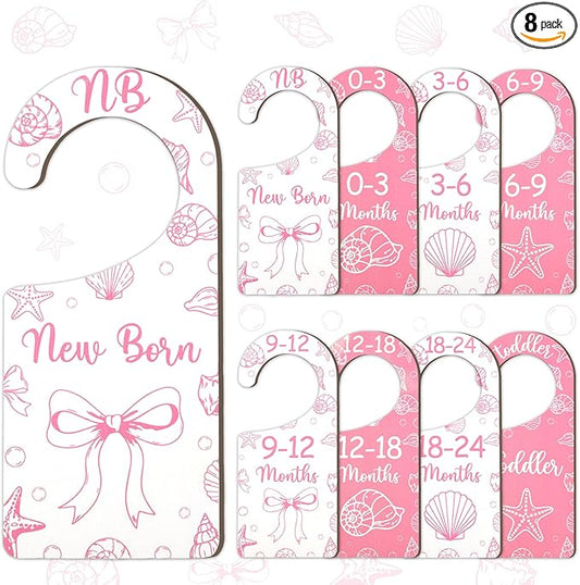 Baby Closet Dividers 8PCS, Pink Shell & Bows Themed Wooden Double-Sided Clothes Size Hanger/Organizer from Newborn to Toddler for Nursery Decor Baby Shower Birthday Party Gift