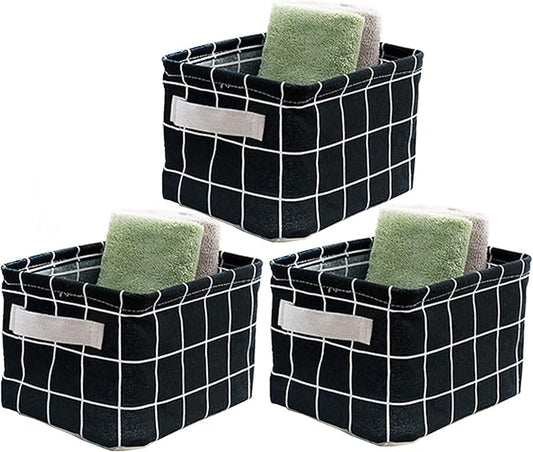 AARAINBOW 3 Packs Storage Basket Bins Canvas Mini Storage Cubes Storage Basket for Makeup, Toys Liners, Books Storage Baskets with Handles for Shelves & Desks(3 Black)