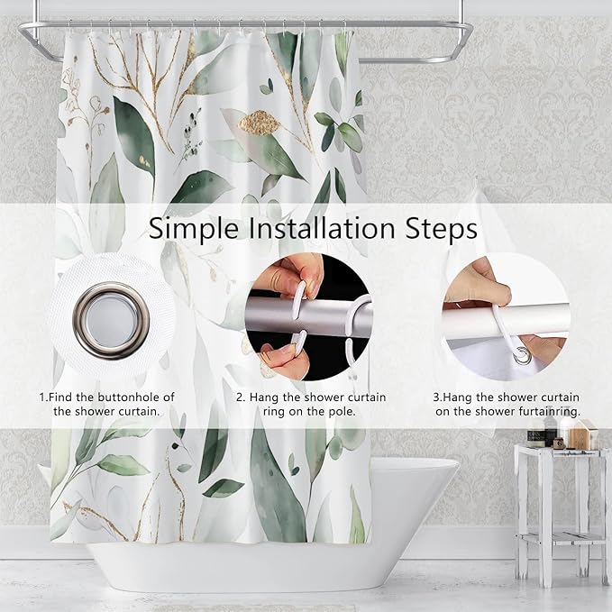 Abstract Eucalyptus Leaves Shower Curtains Sage Green Gold Branches Leaf Nature for Bathroom Farmhouse Style Home Decor Waterproof Polyester Fabric Shower Curtain with Hooks, 69x70 Inch