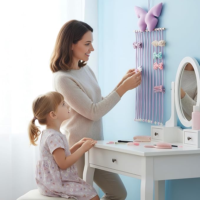 Long Bow Holder for Girls Baby Pink Purple Butterfly Hair Bows Clip Organizer 31.5 Inch Baby Hair Accessories Storage Display Hanging Decor for Girls Nursery Room Bedroom Living Room