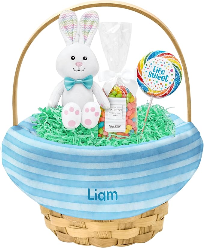 Let's Make Memories Personalized Easter Basket for Kids- For Boys - For Girls - Create Your Own - Fillable - Wicker - Easter Basket Stuffers - Large - Blue Watercolor Stripes